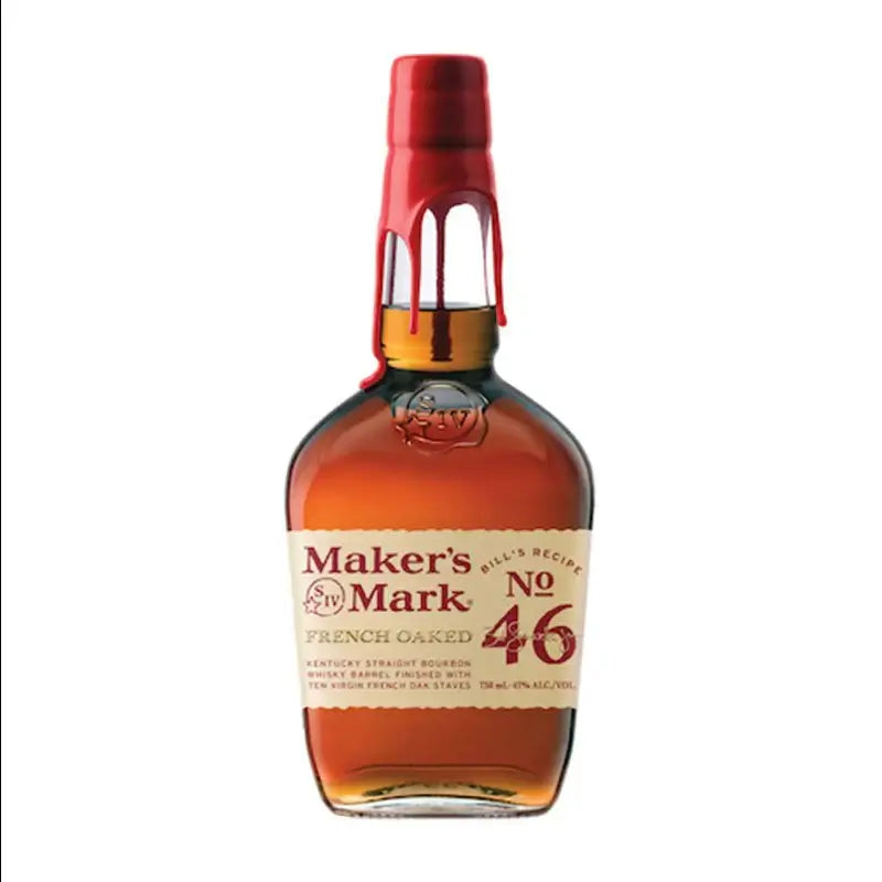 A bottle of Maker's Mark 46, a Kentucky straight bourbon whisky with a red wax seal and beige label, containing French-oaked bourbon.